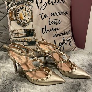 Metallic Gold Valentino Garavani Rockstud Slingback Pumps, EU 39